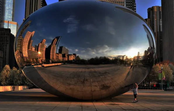 Картинка закат, отражение, вечер, Чикаго, Chicago, монумент, millennium park, Spaceship Earth