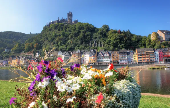 Город, фото, замок, дома, Германия, Бавария, Cochem