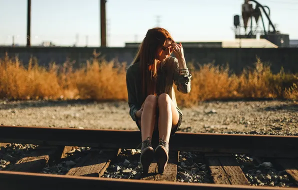 Картинка girl, train, roadside, golden hour, tracks