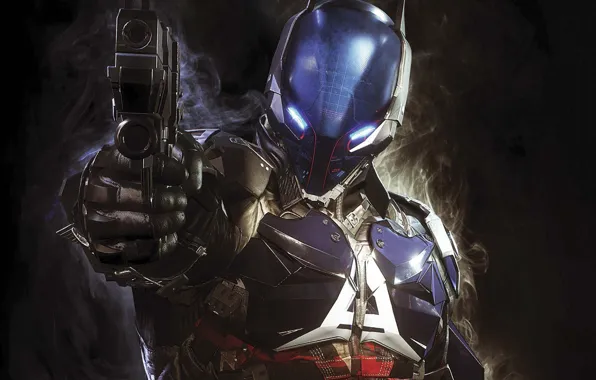 Картинка пистолет, оружие, дуло, броня, голограмма, Warner Bros, Rocksteady Studios, Batman: Arkham Knight