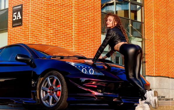 Car, girl, beautiful, leather, redhead, heels, sneakers