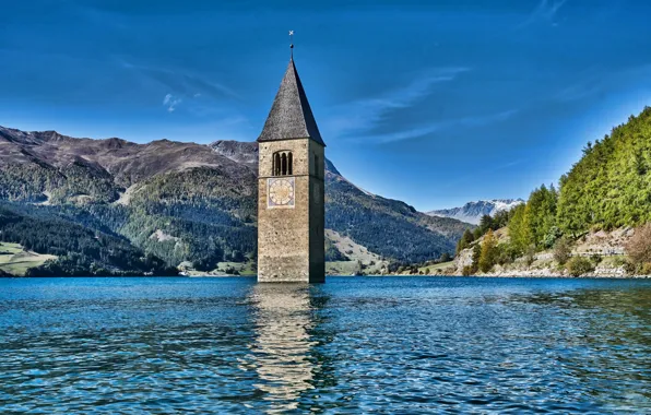 Озеро, башня, Италия, Южный Тироль, Reschensee