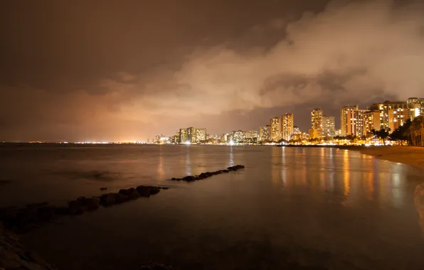 Ночь, здания, Гавайи, набережная, Hawaii, night, Гонолулу, Honolulu city