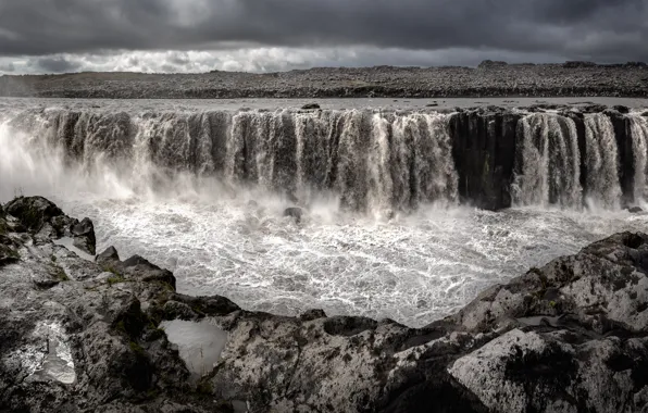 Картинка тучи, камни, скалы, берег, поток, пар, водопады, Исландия