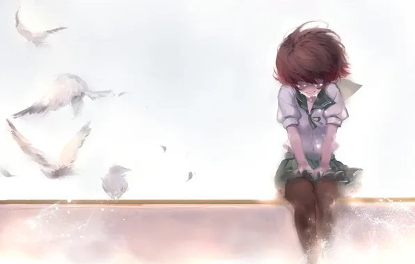 Картинка девушка, птицы, аниме, слезы, арт, форма, школьница, mutsuki