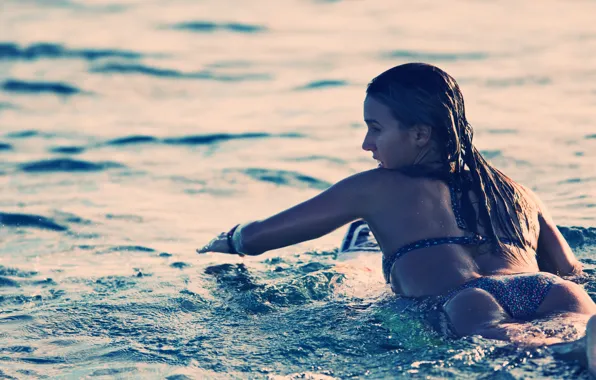 Девушка, океан, спорт, серфинг, surfing