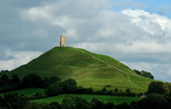 Англия, башня, Гластонбери, Холм Святого Михаила, Glastonbury Tor, церковь св. Михаила