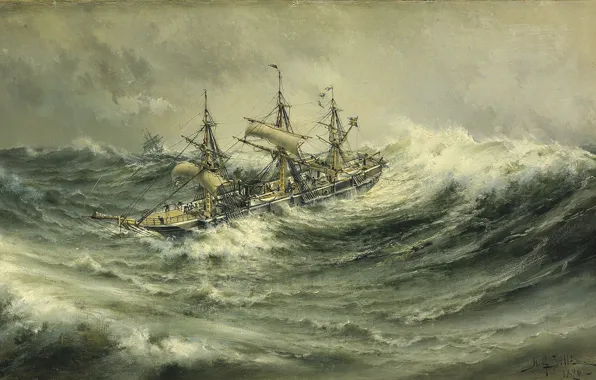 Морской пейзаж, Herman Gustav Sillen, Vivir es festejar, Aguas negras., Корабль в бурю