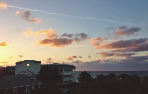 House, sunset, water, clouds, island, Jamaica, North America, Caribbean Sea