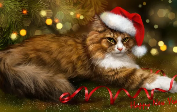 Картинка кот, пушистый, рыжий, Новый год, ёлка, серпантин, колпак, котейка