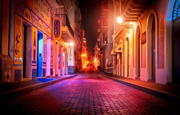 Картинка дорога, ночь, огни, улица, дома, фонари, тротуар, Puerto Rico