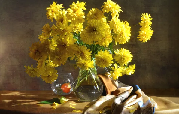 Желтый, букет, физалис, рудбекия