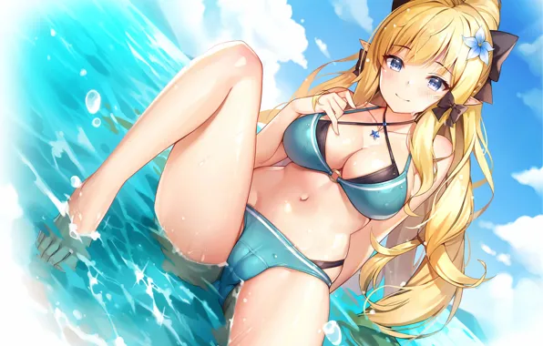 Girl, sexy, cleavage, beach, long hair, sea, boobs, anime
