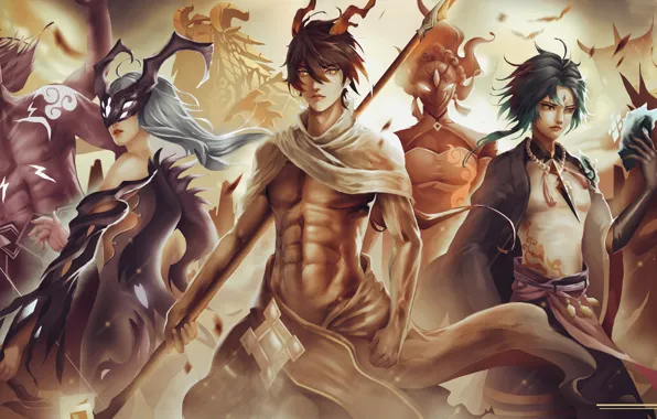 Девушки, фэнтези, парни, Xiao, Genshin Impact, Zhongli, Rex Lapis, Azhdaha