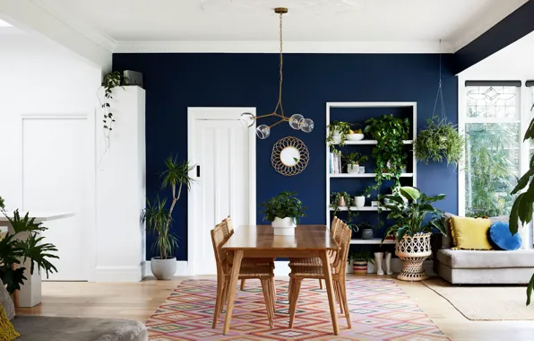 Дизайн, интерьер, растения, гостиная, столовая, сочетание цветов, Stylish living room urban jungle styl, в стиле …