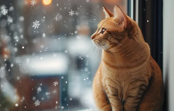 Зима, кошка, кот, взгляд, снег, снежинки, поза, улица