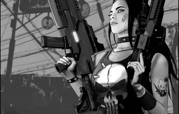 Рисунок, Череп, Стиль, Girl, Оружие, Fantasy, Art, Punisher