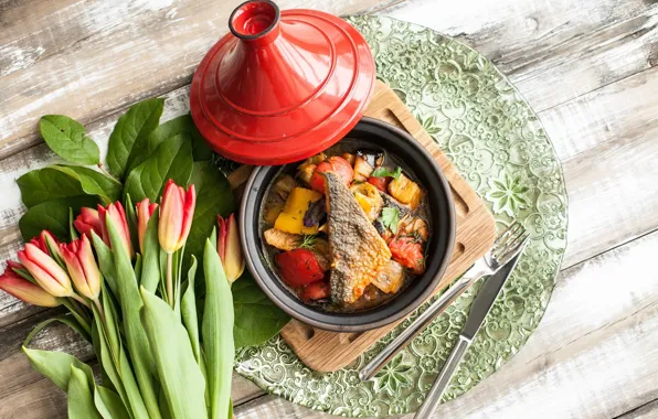 Цветы, букет, рыба, тюльпаны, овощи, помидоры, соус, wood