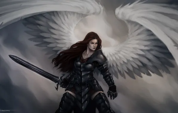Картинка девушка, крылья, ангел, меч, арт, Lucas Torquato de Resende