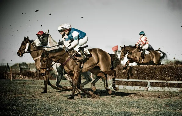 Картинка horses, mud, jockey, obstacle, horse race