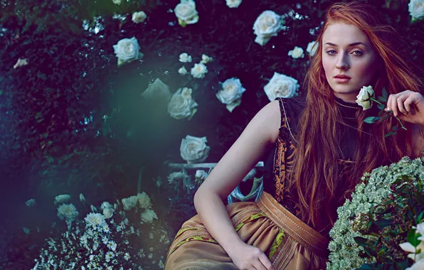 Girl, Flower, Roses, View, Redhead, Long Hair, Leaf, Dress