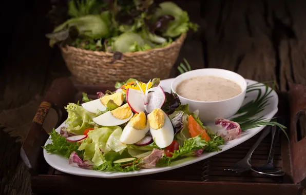 Овощи, соус, листья салата, egg, vegetables, salad