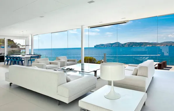 Villa, luxury, glass wall, open living space, sea side house