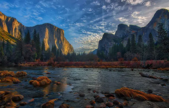 Картинка горы, река, долина, Калифорния, California, Yosemite Valley, Yosemite National Park, Сьерра-Невада
