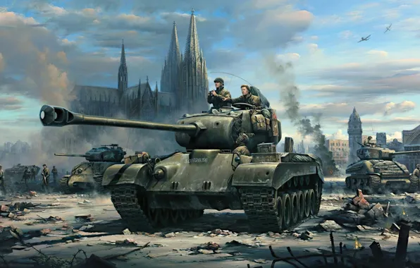 War, art, painting, tank, ww2, m-26 pershing