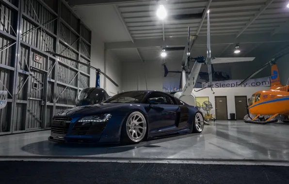 Audi, blue, hangar, boden, R8