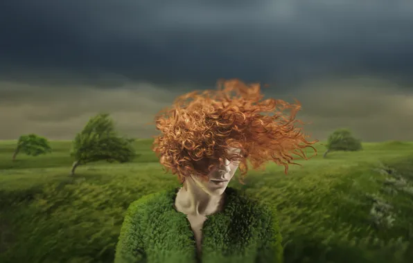 Картинка девушка, деревья, ветер, непогода, рыжеволосая