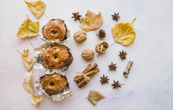 Яблоки, еда, орехи, корица, десерт, выпечка, apples, анис звёздчатый