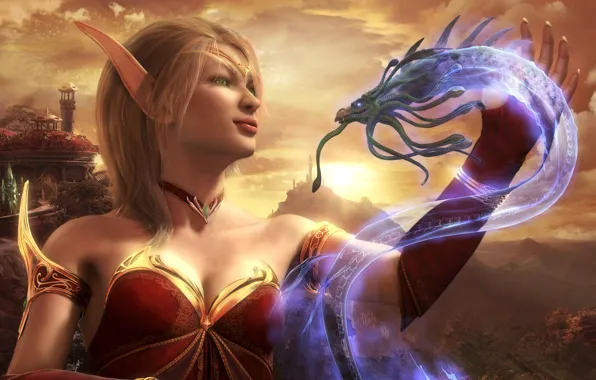 Картинка рендеринг, дракон, эльфийка, Blood Elf, World Of Warcraft