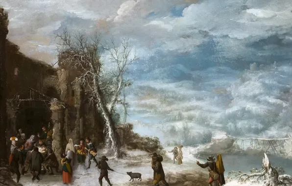 Картинка зима, люди, картина, мифология, Francisco Collantes, Зимний Пейзаж с Поклонением Пастухов
