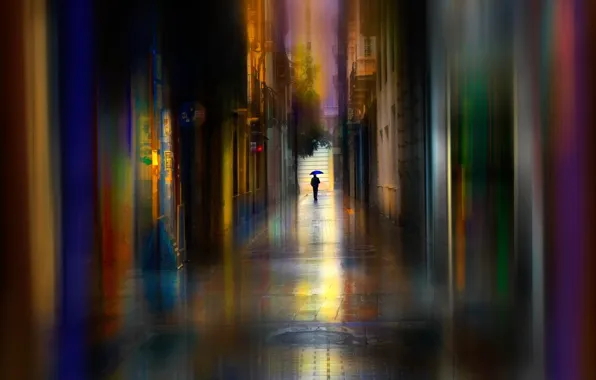 Картинка город, улица, краски, человек, дома, зонт