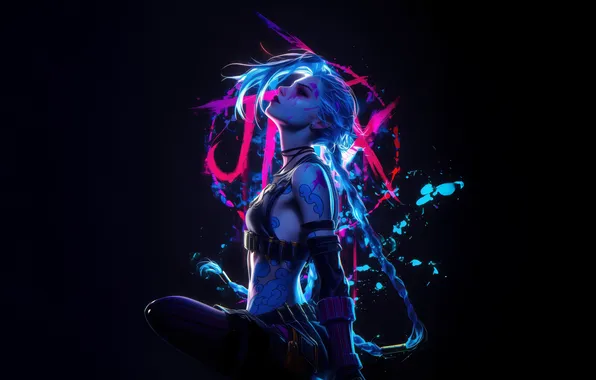 Neon, League of Legends, LoL, Dark Background, Jinx, Arcane, AI Art, AI Generated