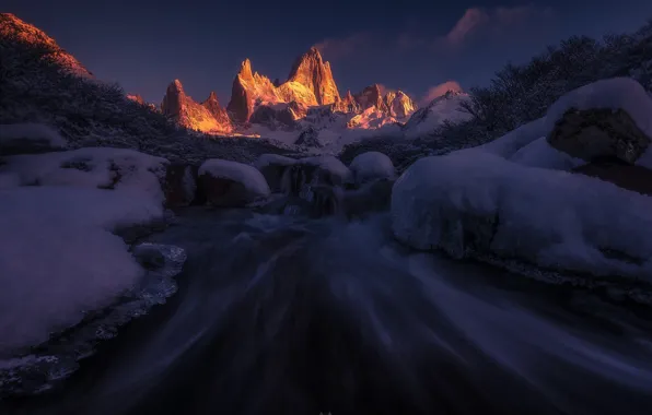 Картинка зима, вода, свет, снег, горы, природа, река, скалы