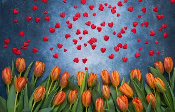 Сердечки, тюльпаны, red, flowers, romantic, hearts, tulips