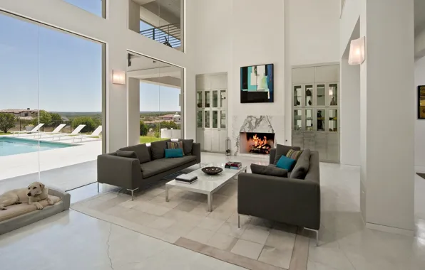 Вилла, интерьер, камин, Austin, гостиная, Texas, Spanish Oaks Residence, by Cornerstone Architects