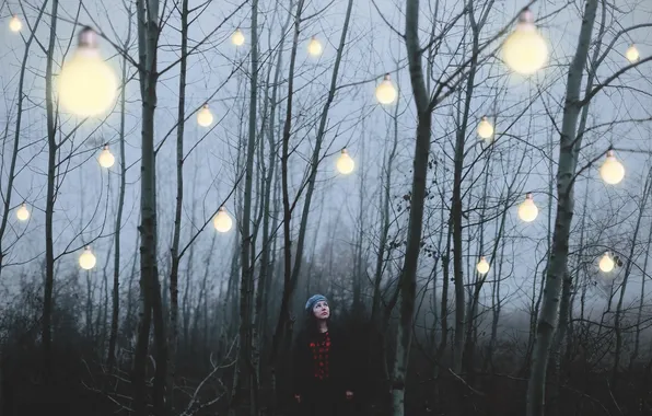 Картинка лес, девушка, свет, лампы