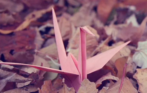 Журавлик, оригами, pink, autumn