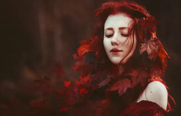 Осень, девушка, стиль, листва, портрет, рыжеволосая, косплей, Eva Wald