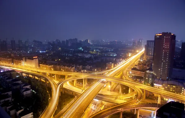 City, lights, night, metropolis, Freeway