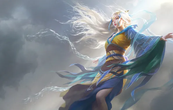 Небо, Облака, Девушка, Блондинка, Girl, Платье, Fantasy, Clouds