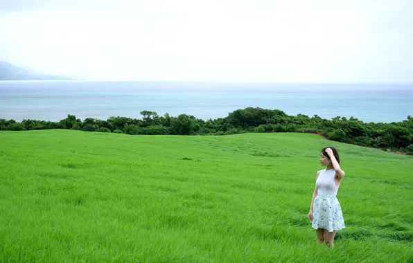 Grass, Model, Coast, Woman, Ocean, Sea, Pretty, Japanese