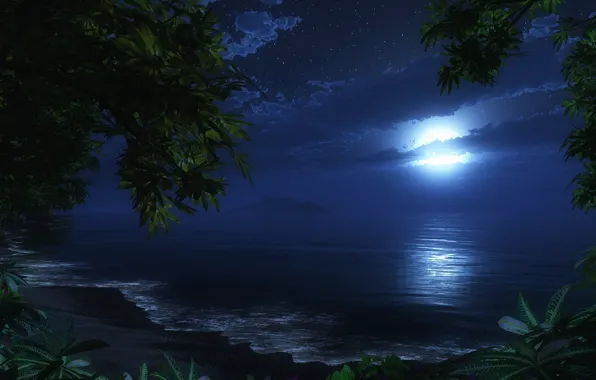 Картинка пляж, ночь, луна, море. романтика