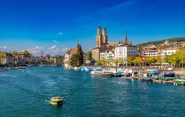 Небо, деревья, мост, река, лодки, Швейцария, Switzerland, Цюрих