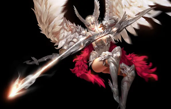 Картинка взгляд, девушка, поза, оружие, фон, крылья, перья, арт