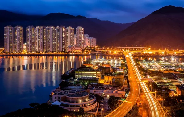 Море, ночь, город, огни, здания, дороги, дома, Гонконг