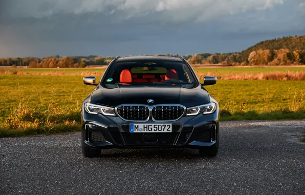 Картинка чёрный, BMW, вид спереди, 3-series, универсал, 3er, 2020, 2019